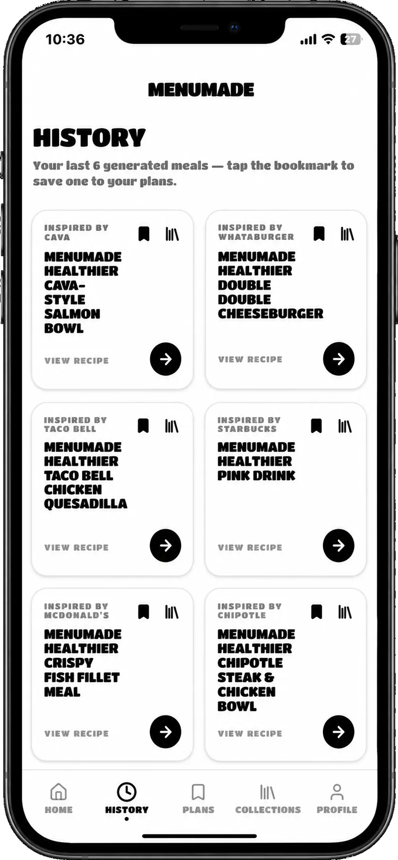 MenuMade history page showing the last six generated meals