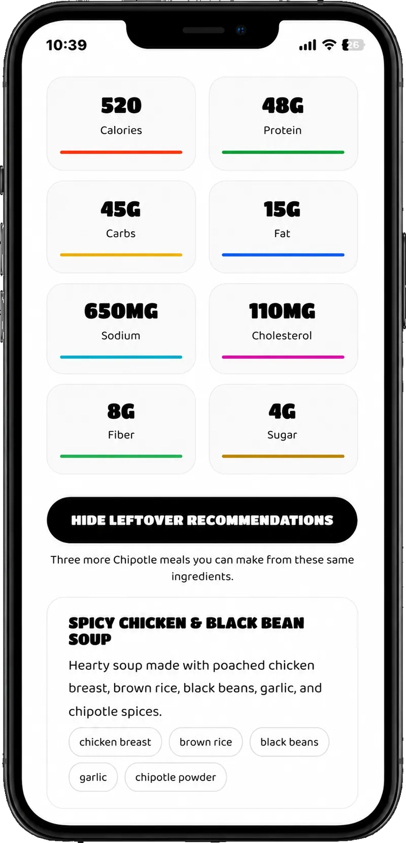 MenuMade macro breakdown and leftover meal recommendations