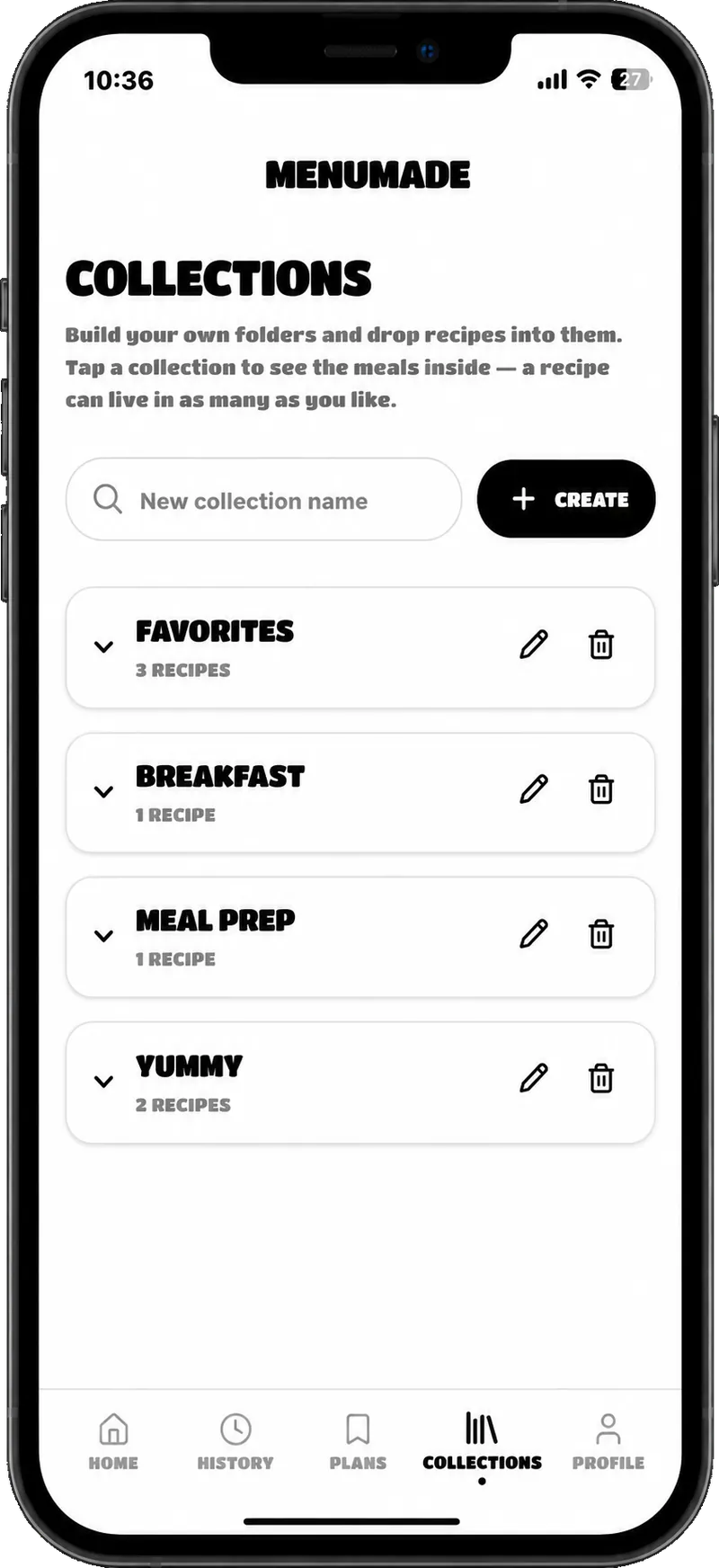 MenuMade collections page with custom recipe folders