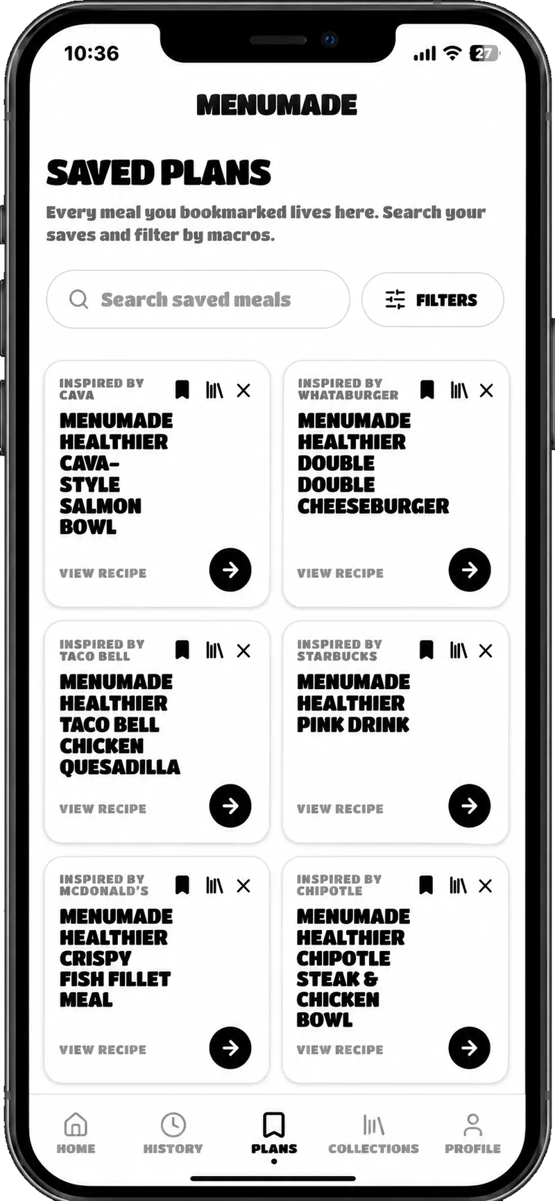 MenuMade saved plans page with bookmarked meals, search and macro filters