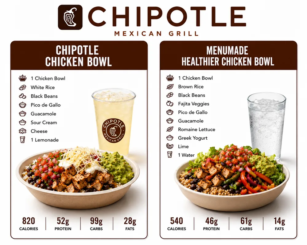 A Chipotle chicken bowl compared to a healthier MenuMade chicken bowl
