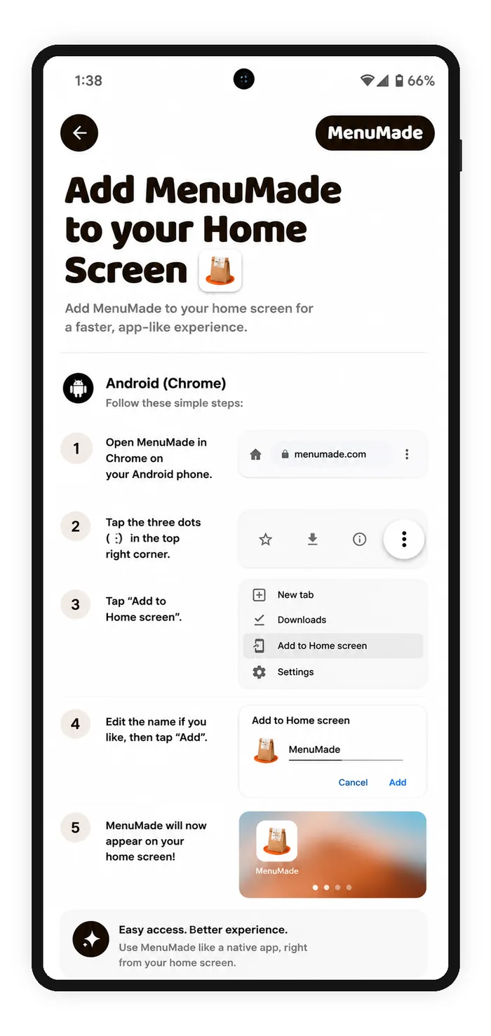 MenuMade add to home screen instructions on Android Chrome
