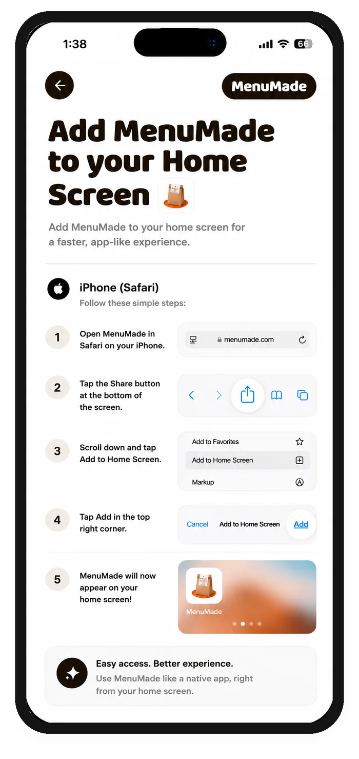 MenuMade add to home screen instructions on iPhone Safari